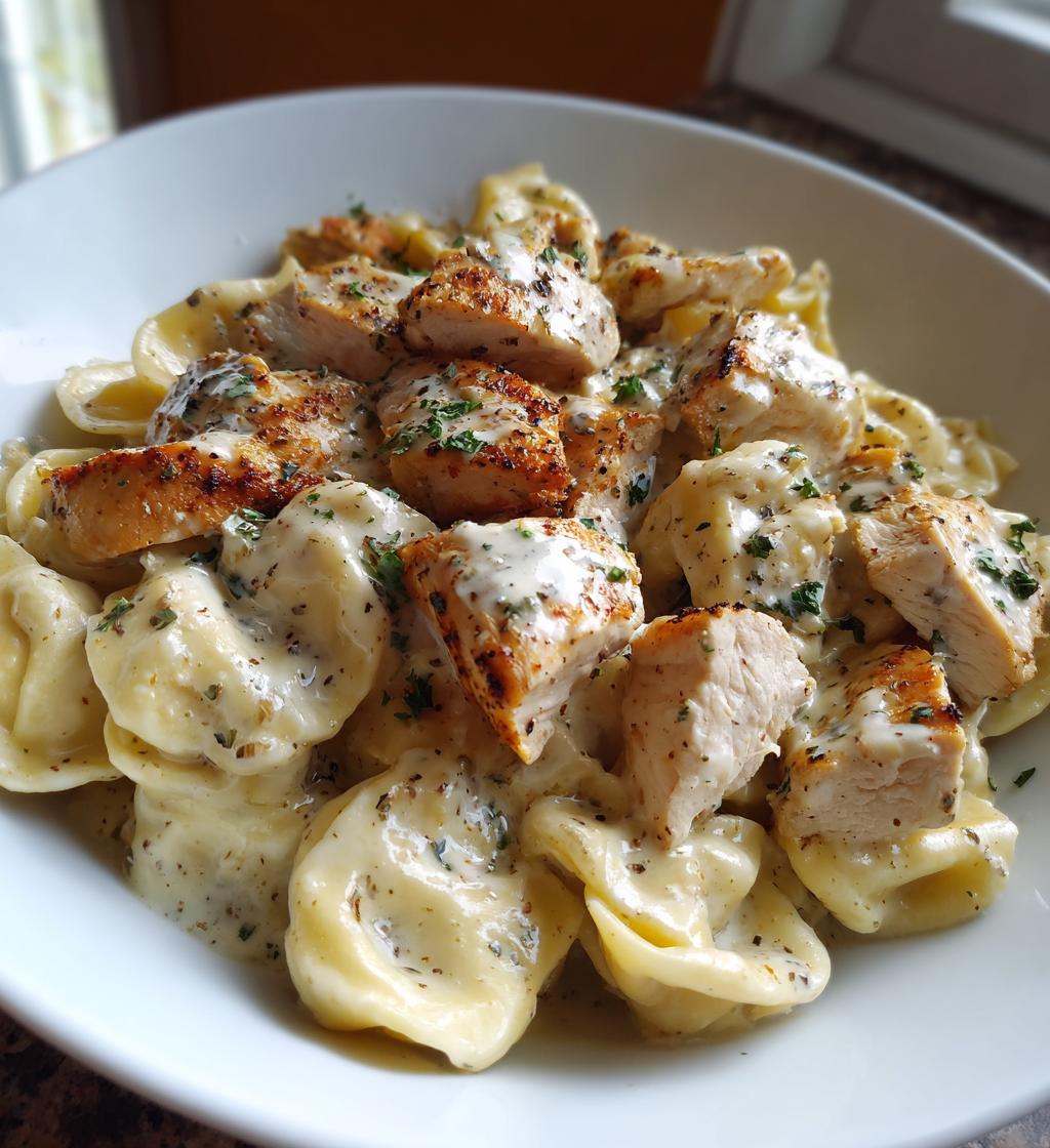asiago tortelloni alfredo with grilled chicken