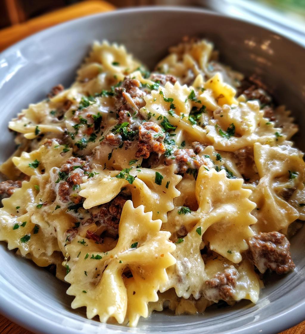 beef and bowtie pasta with alfredo sauce - detail 1