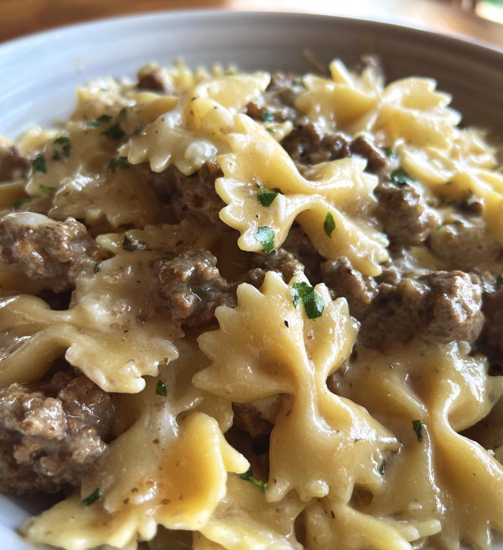beef and bowtie pasta with alfredo sauce