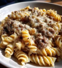 beef and rotini in garlic parmesan sauce