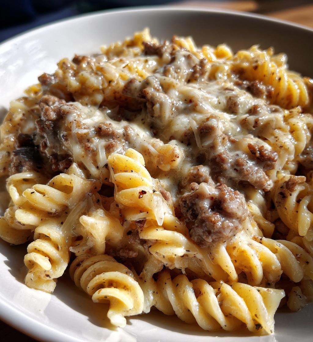 beef and rotini in garlic parmesan sauce