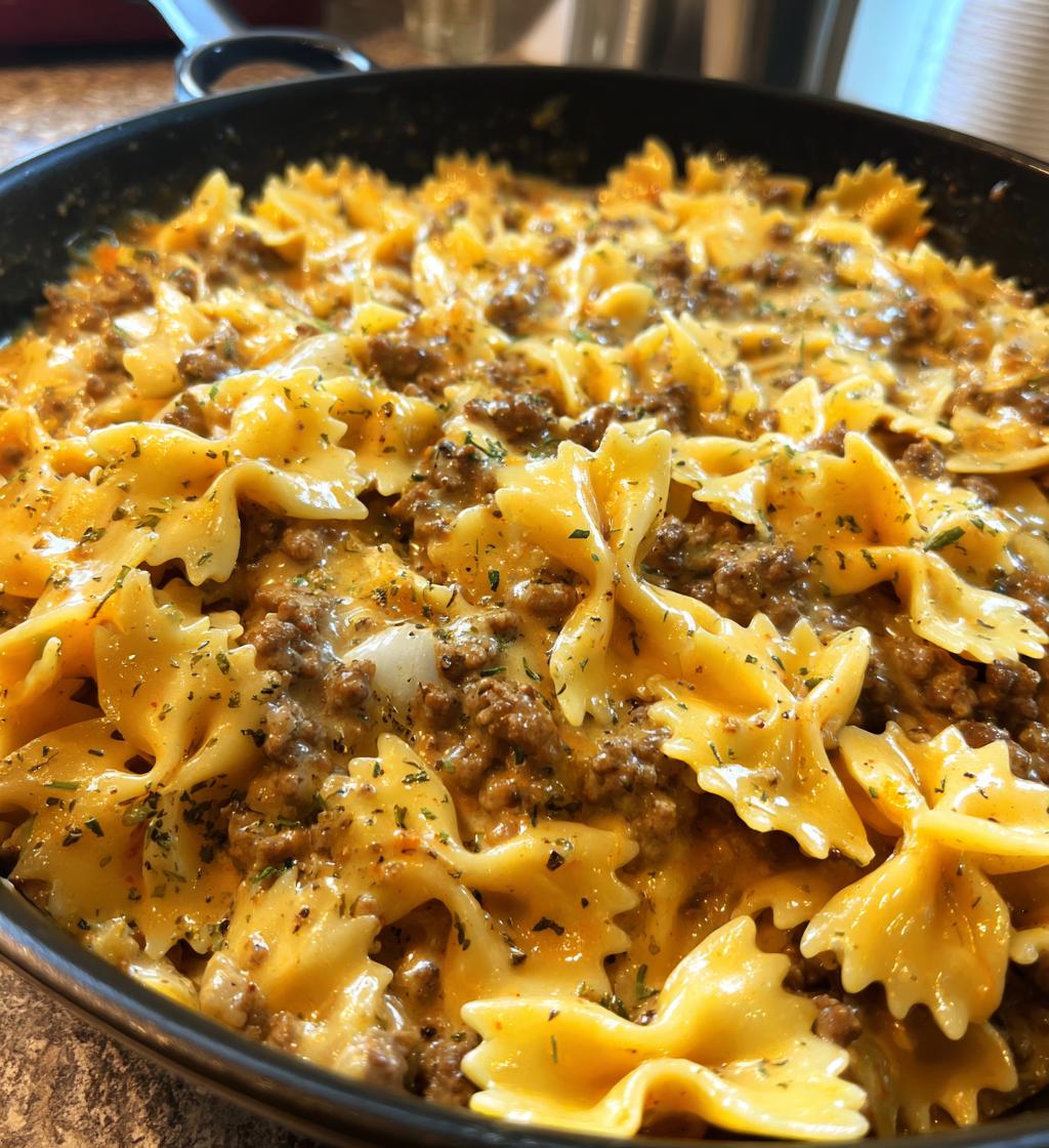 bowtie pasta with creamy velveeta beef sauce - detail 1