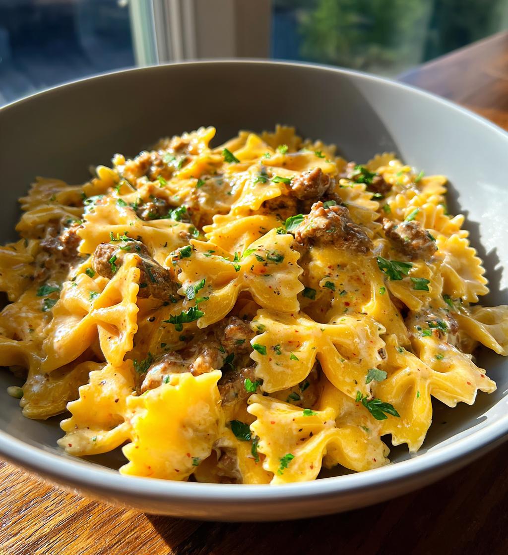 bowtie pasta with creamy velveeta beef sauce