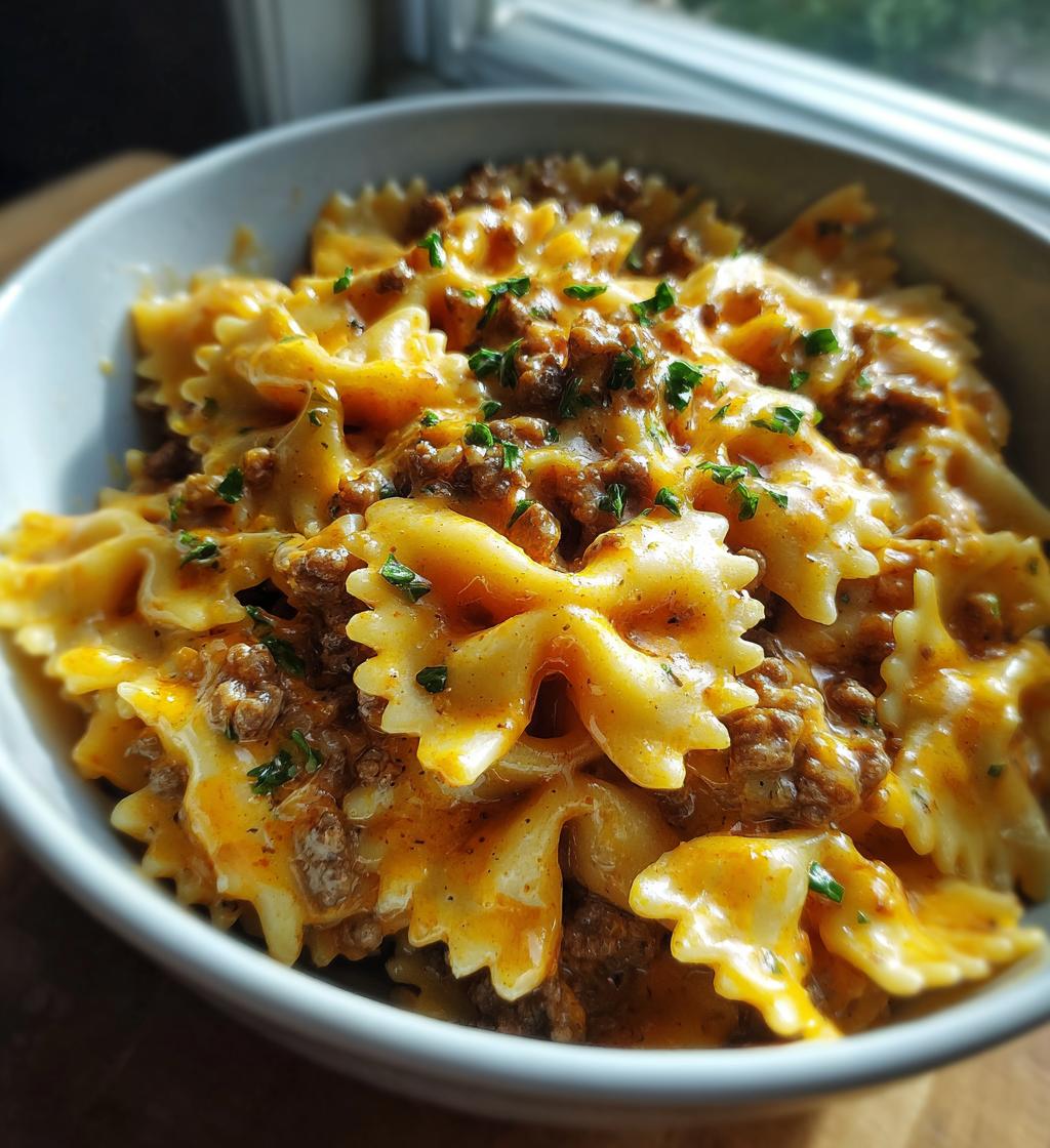 bowtie pasta with creamy velveeta beef sauce