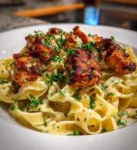 cajun chicken bites with creamy garlic herb alfredo twists