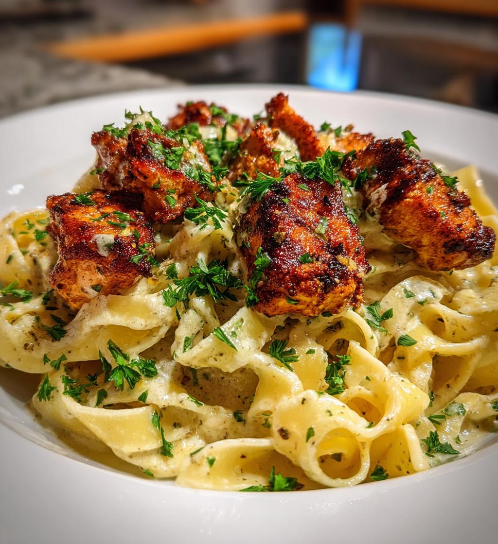 cajun chicken bites with creamy garlic herb alfredo twists