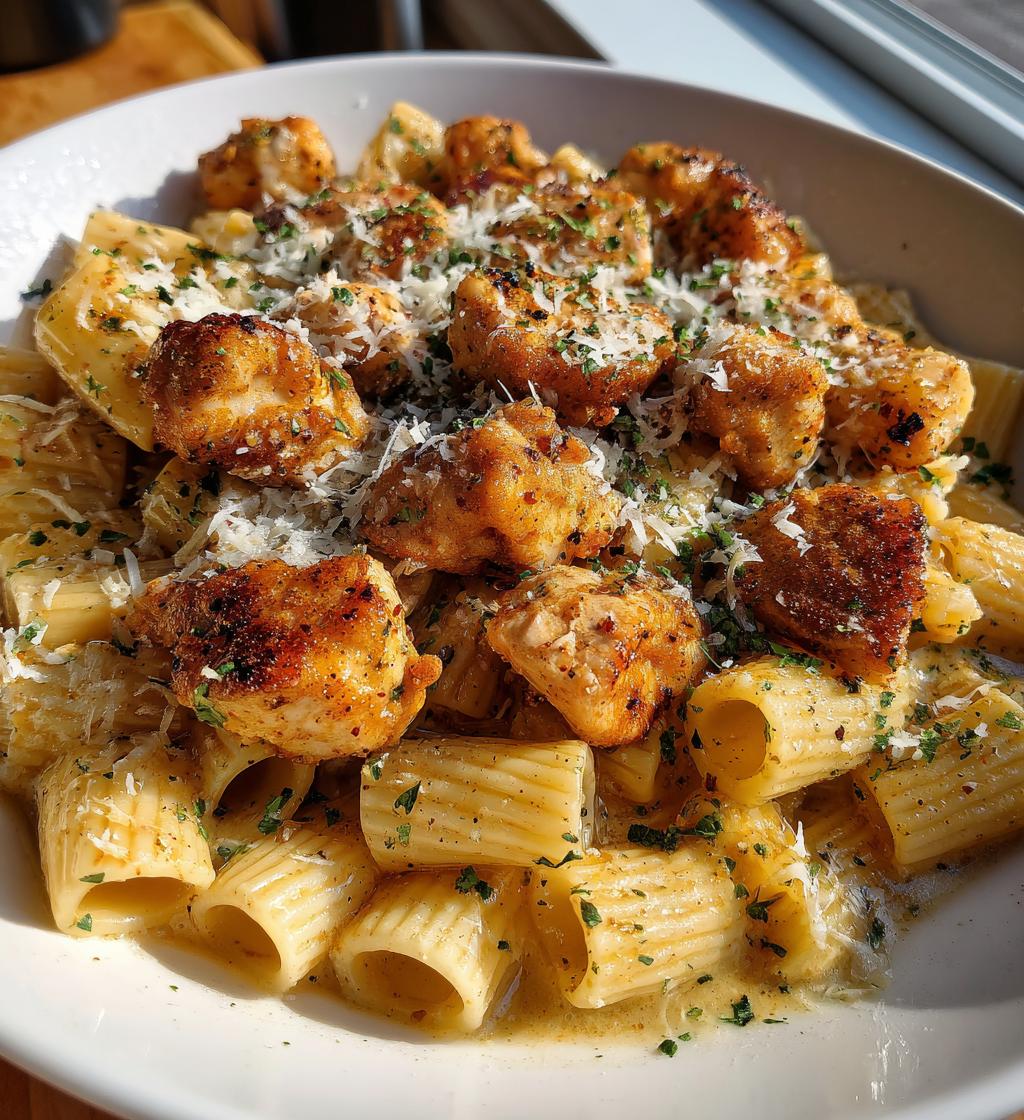 cajun chicken bites with creamy rigatoni