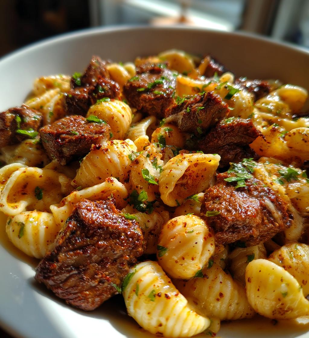 cajun steak bites and cheesy garlic shells skillet