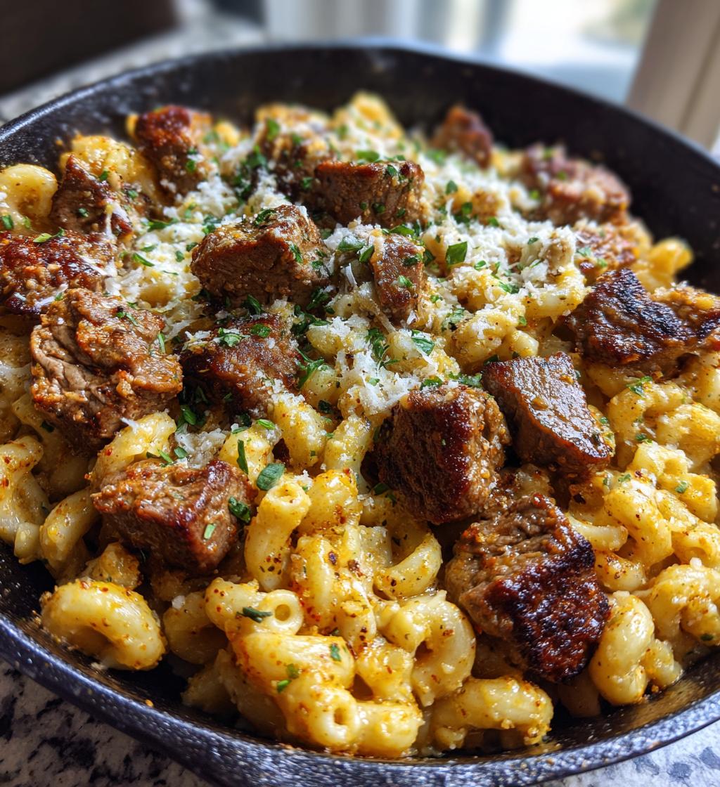 cajun steak bites and cheesy garlic shells skillet
