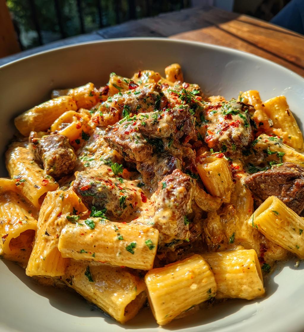 cajun steak tips in cheesy rigatoni parmesan sauce - detail 1