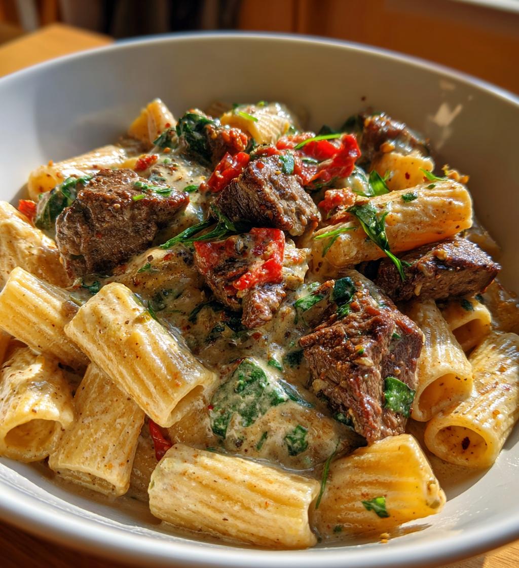 cajun steak tips in cheesy rigatoni parmesan sauce - detail 1