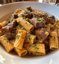 cajun steak tips in cheesy rigatoni parmesan sauce