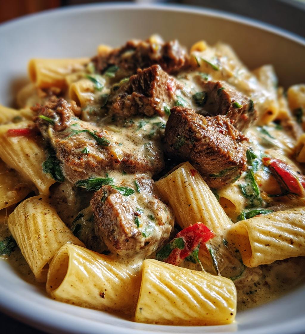 cajun steak tips in cheesy rigatoni parmesan sauce