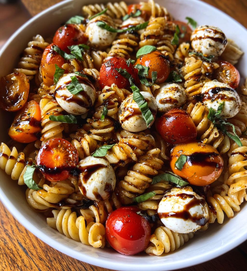 caprese pasta salad with balsamic glaze