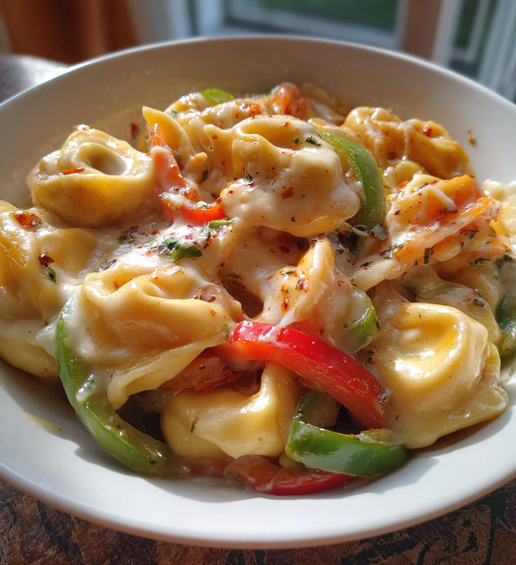 cheesesteak tortellini in rich provolone sauce