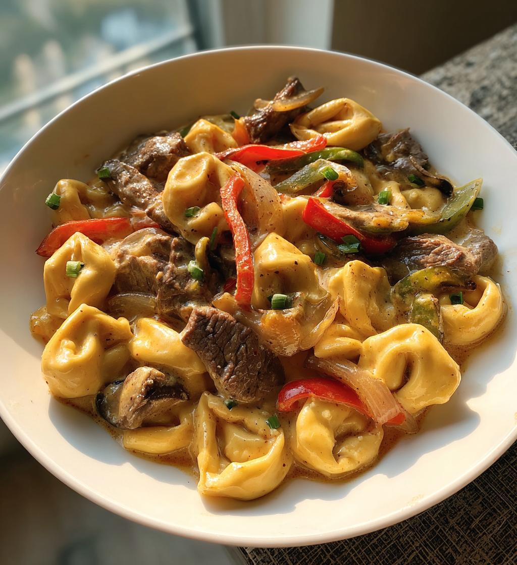 cheesesteak tortellini in rich provolone sauce