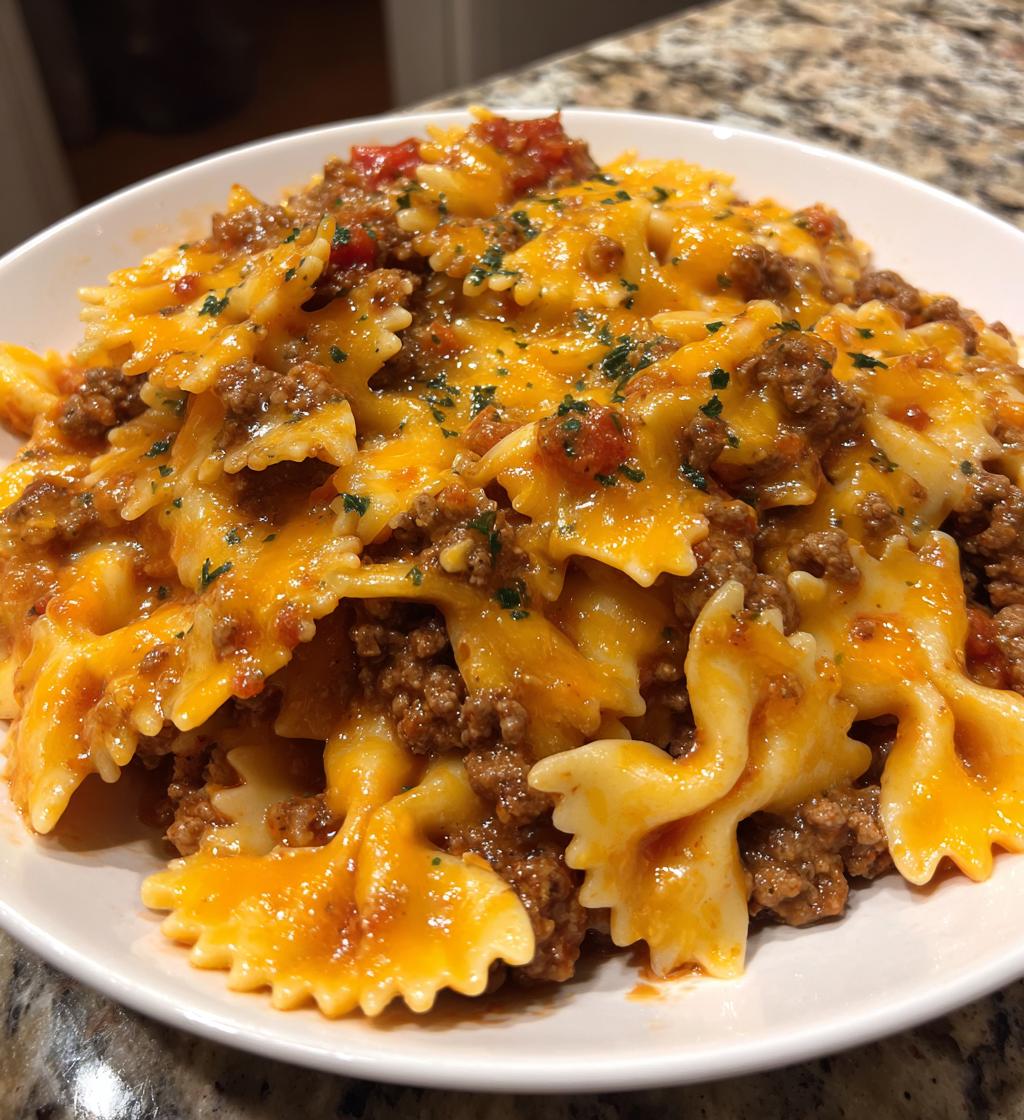 cheesy bowtie pasta with ground beef - detail 1