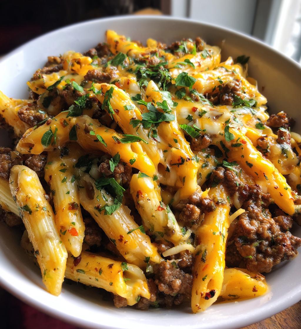 cheesy penne with garlic butter ground beef - detail 1