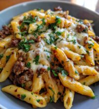 cheesy penne with garlic butter ground beef