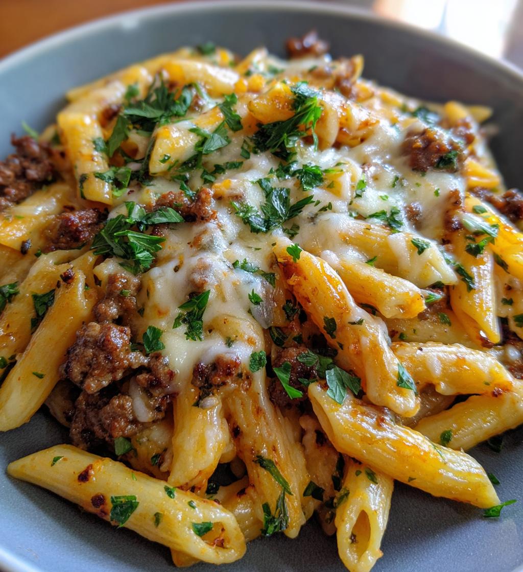 cheesy penne with garlic butter ground beef