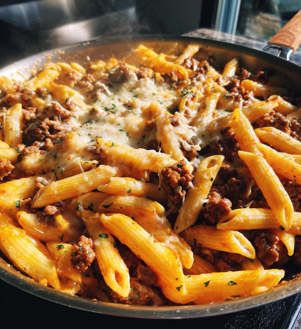 cheesy penne with garlic butter ground beef
