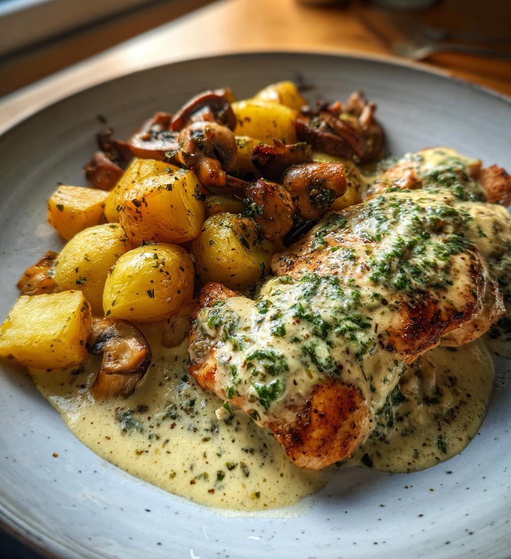 chestnut garlic greek chicken alfredo with sage potatoes mushroom basil pesto cream - detail 1