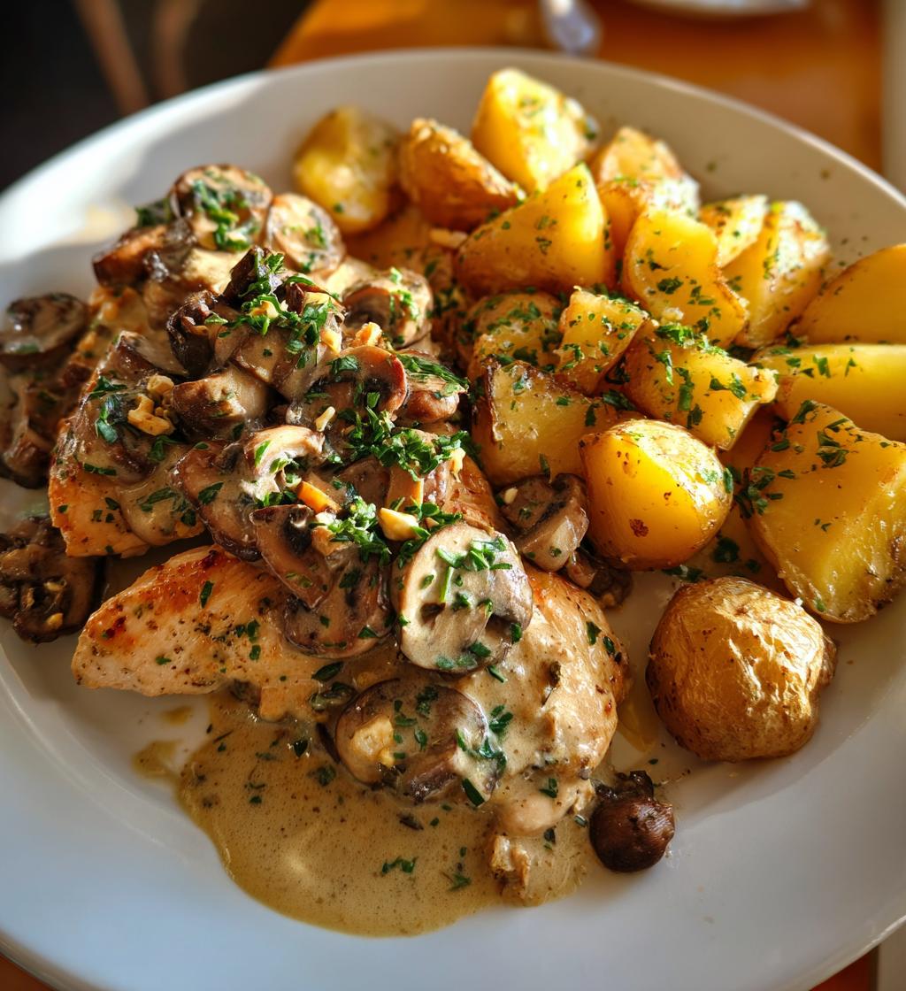 chestnut garlic greek chicken alfredo with sage potatoes mushroom pesto cream - detail 1