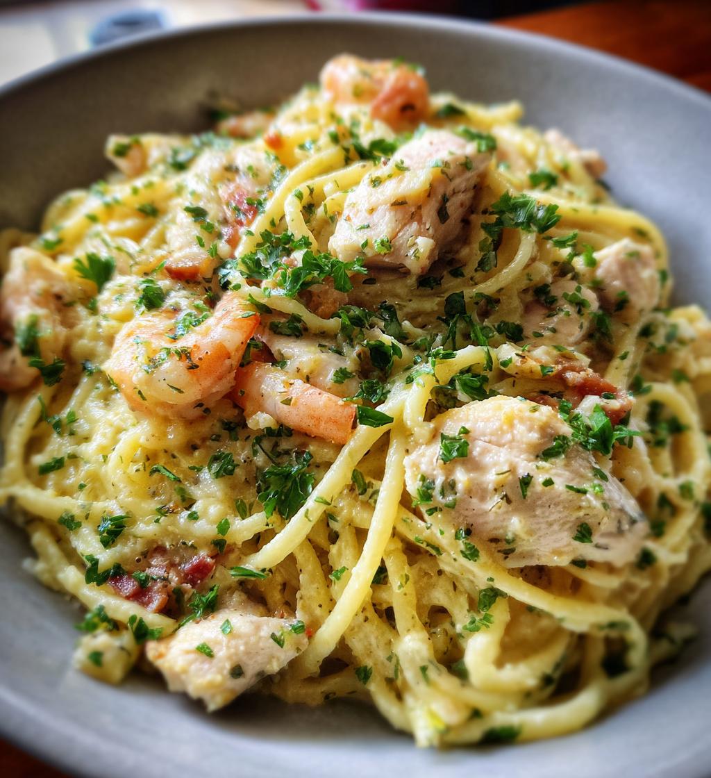 chicken and shrimp carbonara - detail 1