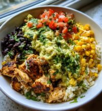 chicken burrito bowl with guac lime