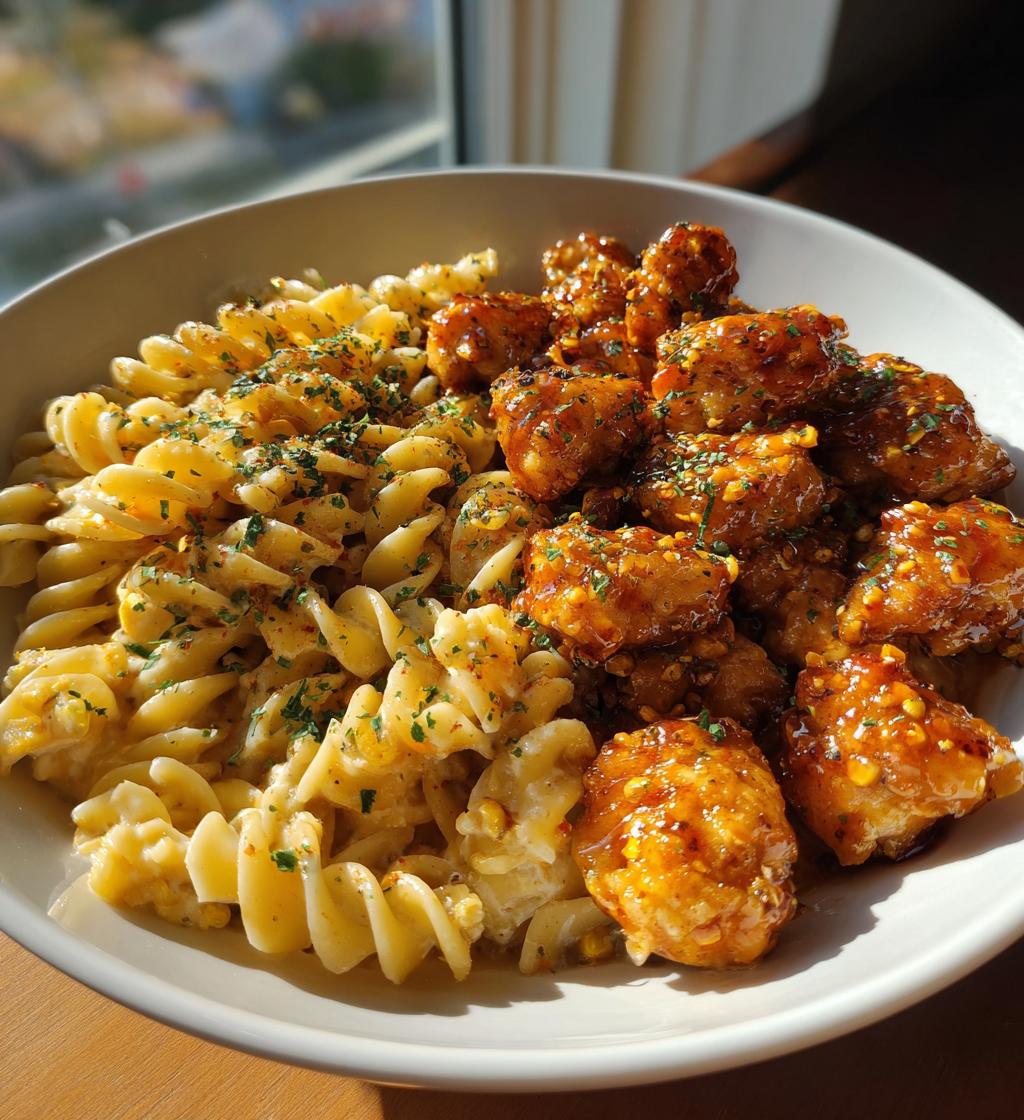 chili garlic butter chicken bites with creamy cajun corn alfredo twists - detail 1