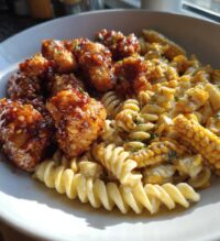 chili garlic butter chicken bites with creamy cajun corn alfredo twists