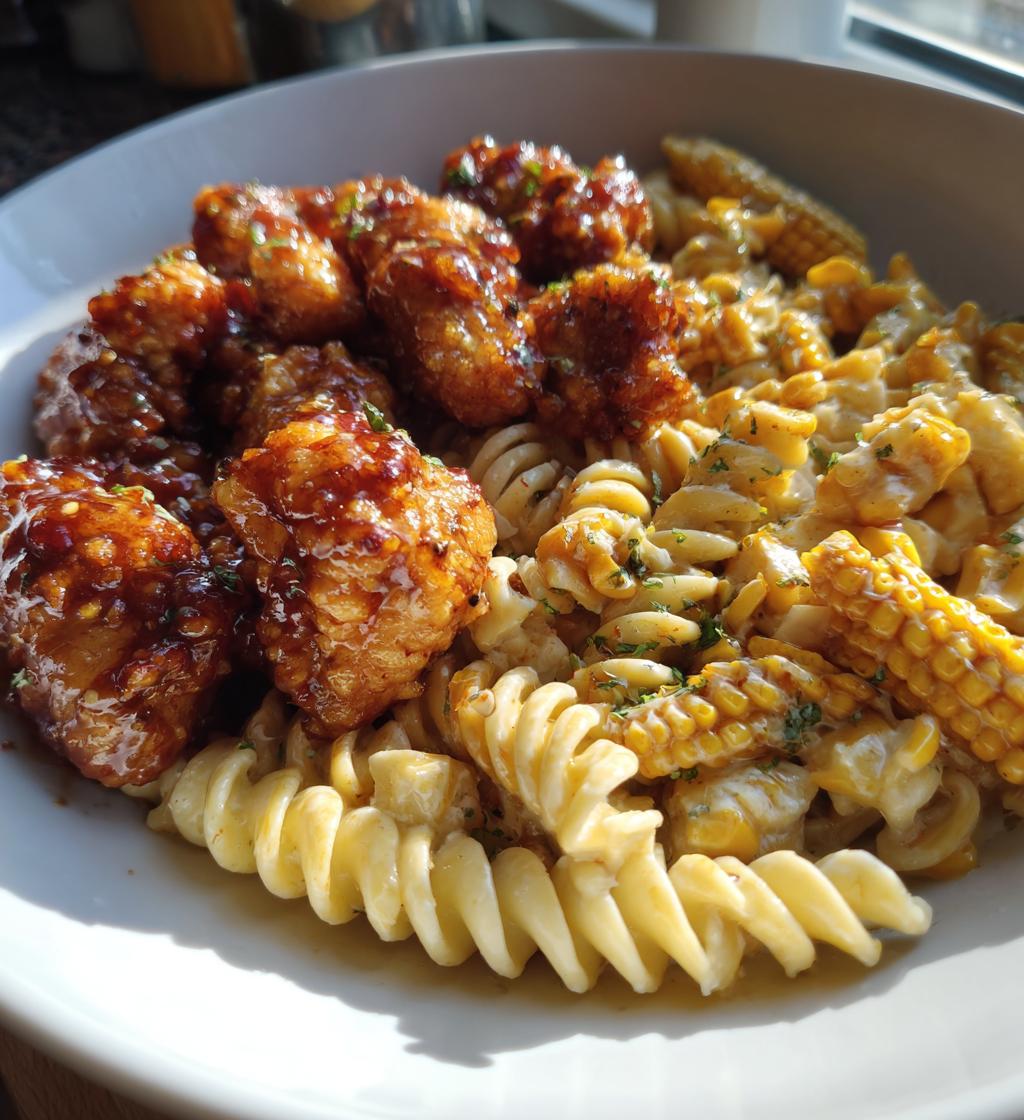 chili garlic butter chicken bites with creamy cajun corn alfredo twists