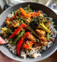 colorful teriyaki chicken stir fry recipe with rainbow veggies wild rice