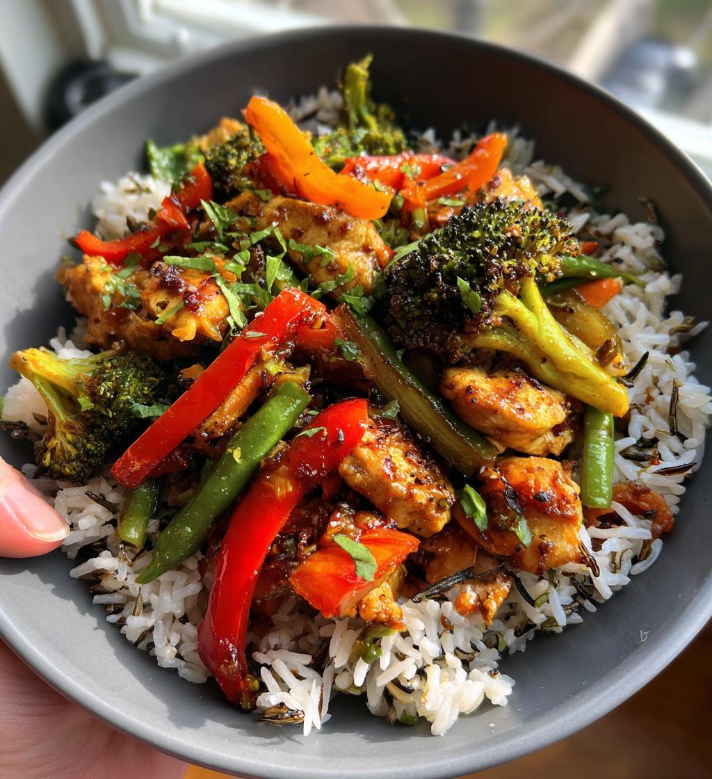 colorful teriyaki chicken stir fry recipe with rainbow veggies wild rice