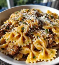 creamy beef and bowtie pasta