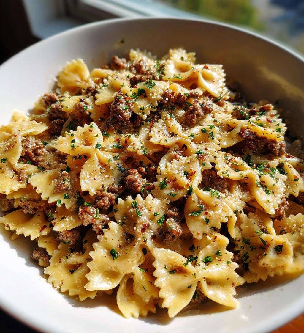 creamy beef bowtie pasta with garlic parmesan sauce - detail 1