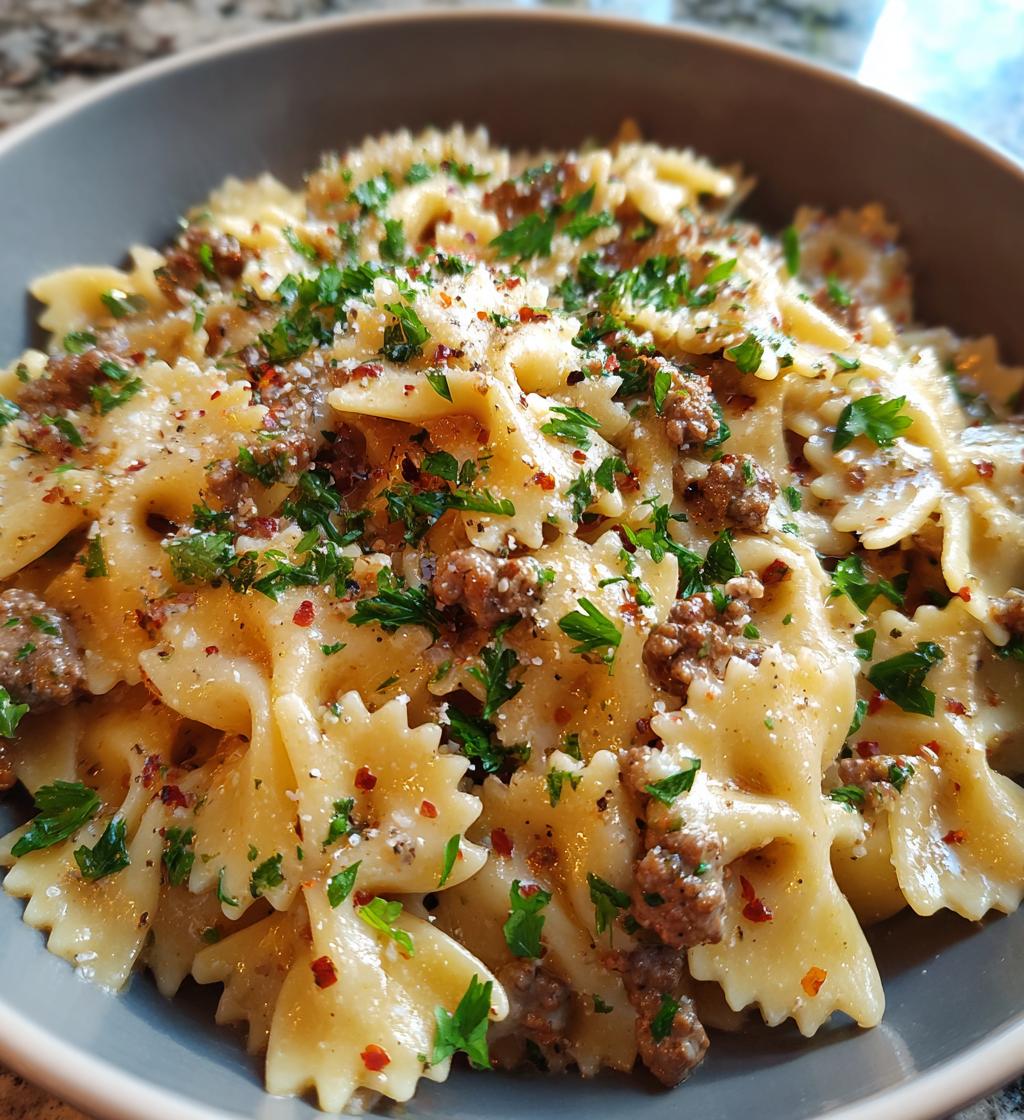 creamy beef bowtie pasta with garlic parmesan sauce - detail 1
