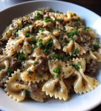 creamy beef bowtie pasta with garlic parmesan sauce