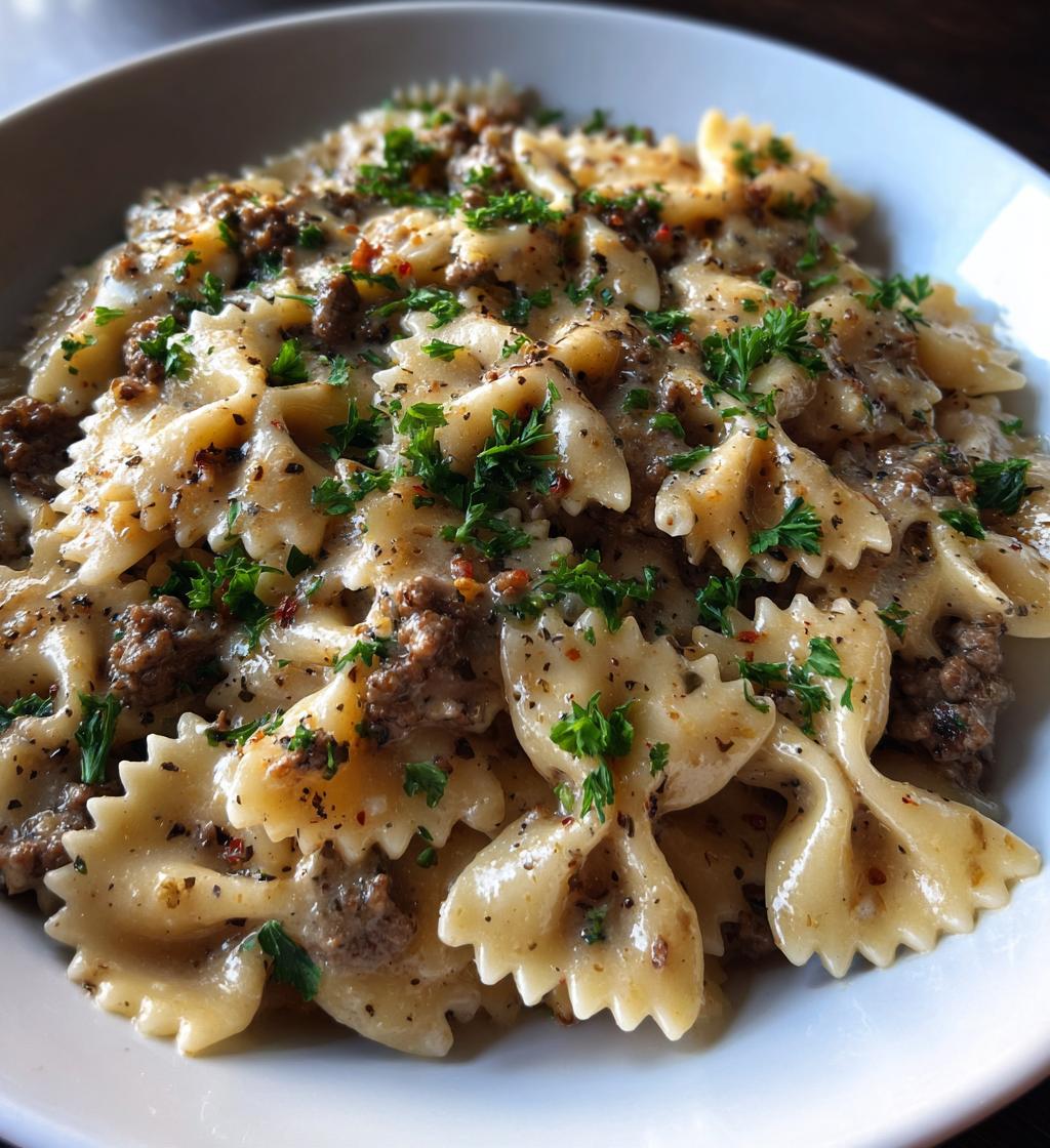 creamy beef bowtie pasta with garlic parmesan sauce