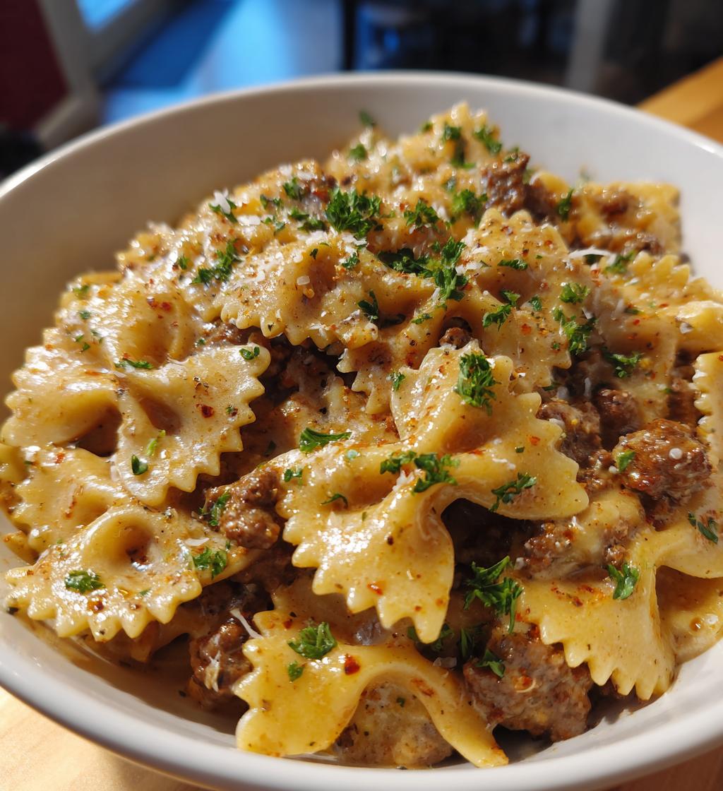 creamy beef bowtie pasta with garlic parmesan sauce
