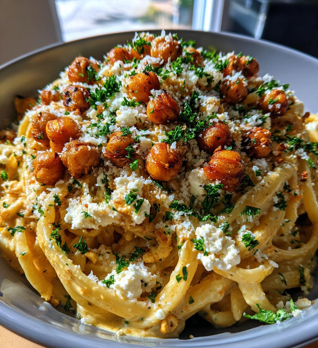creamy cajun chicken pasta with whipped roasted garlic feta crispy chickpeas - detail 1