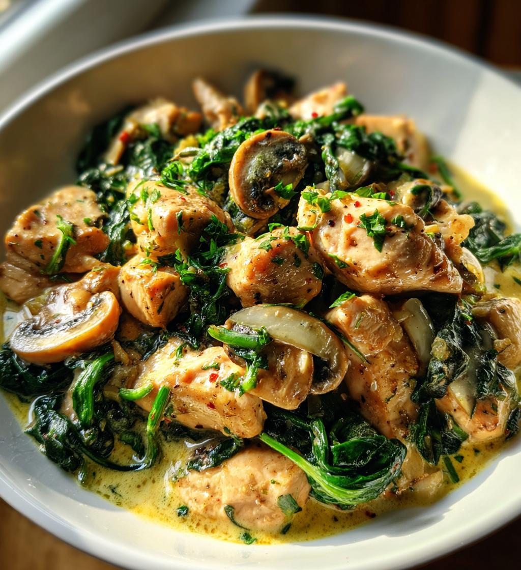 creamy chicken mushroom spinach skillet - detail 1