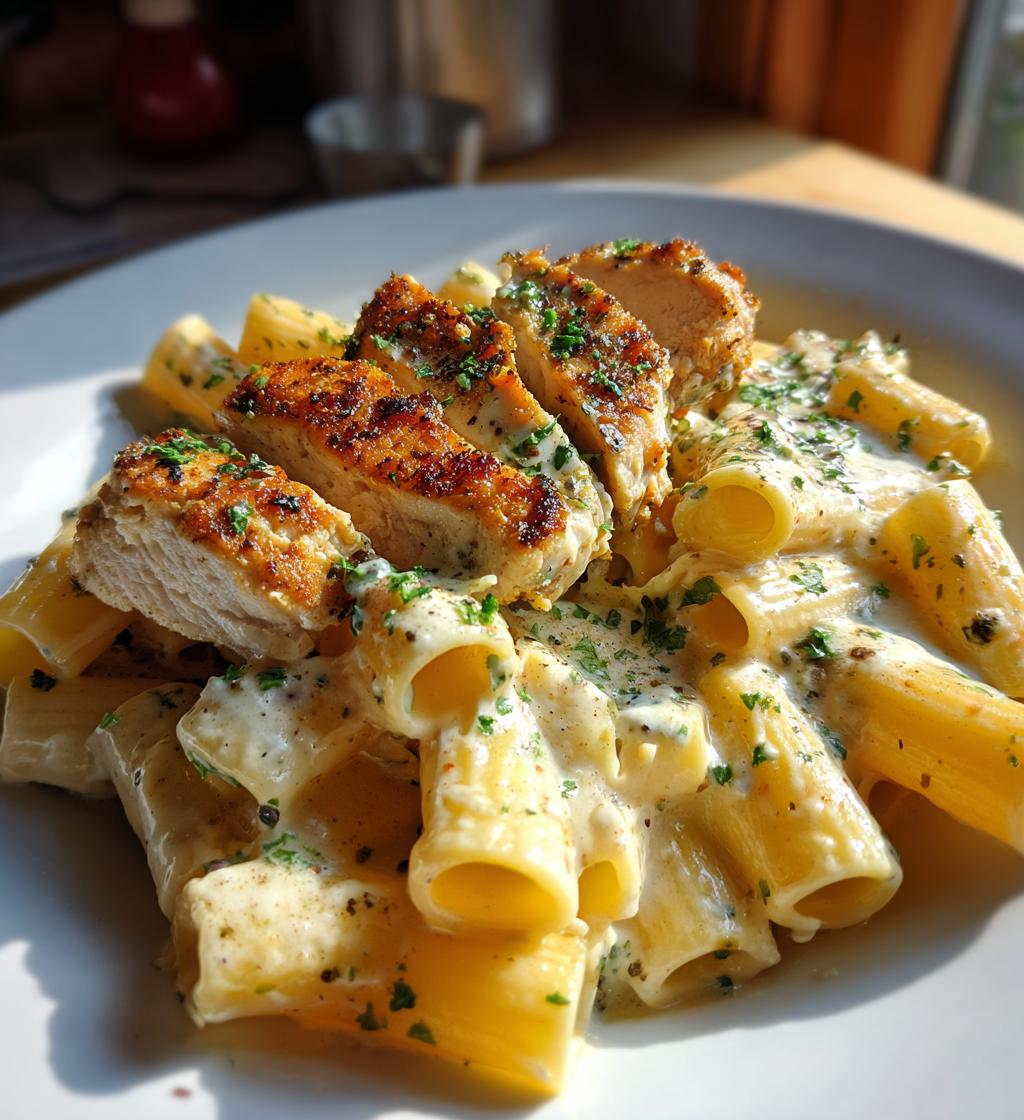creamy garlic butter chicken and rigatoni in parmesan sauce - detail 1