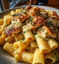 creamy garlic butter chicken and rigatoni in parmesan sauce