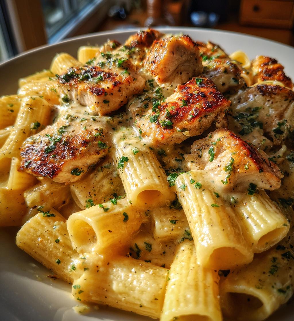 creamy garlic butter chicken and rigatoni in parmesan sauce