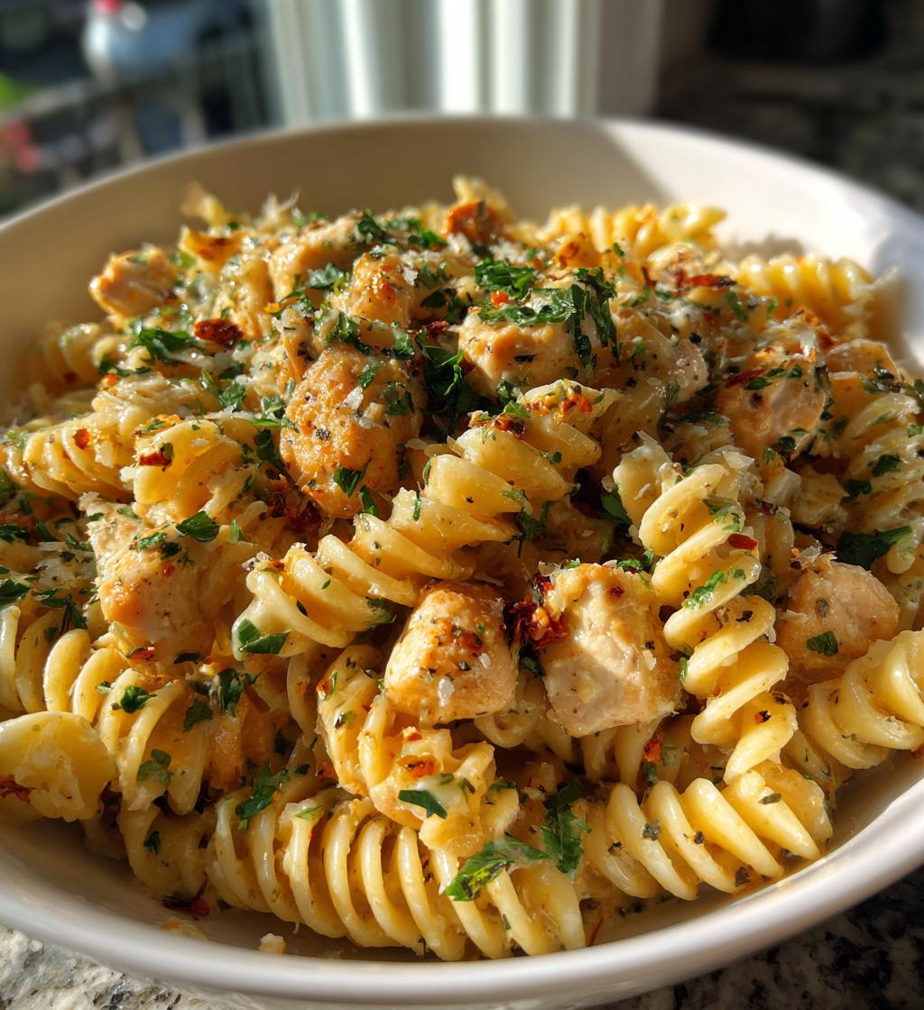 creamy garlic butter chicken rotini parmesan - detail 1