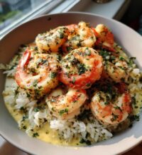 creamy garlic butter shrimp bowl with herb rice