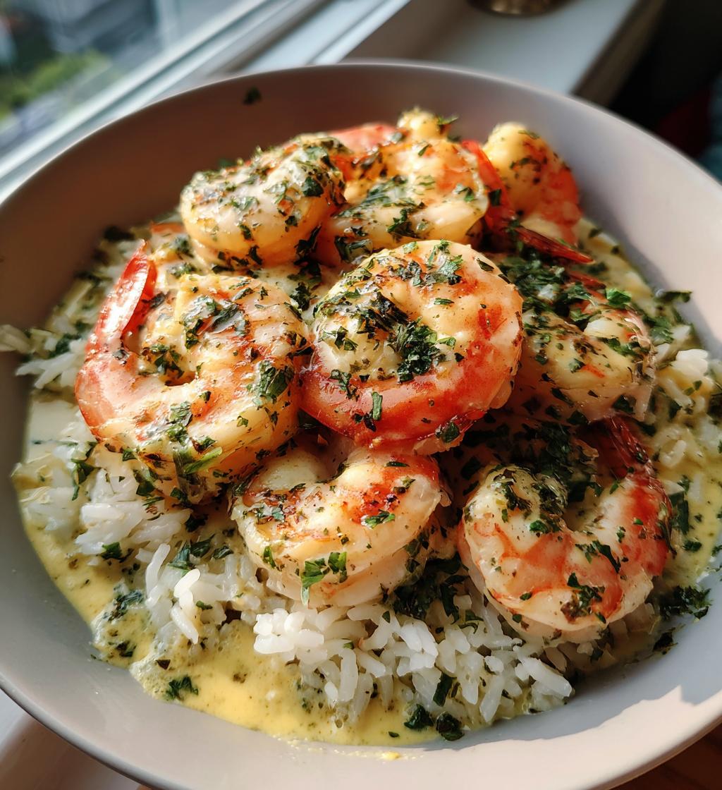 creamy garlic butter shrimp bowl with herb rice