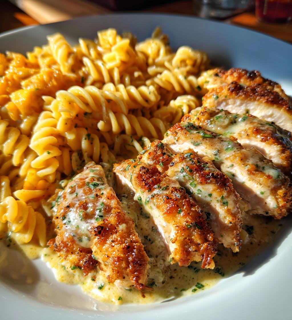 creamy garlic parmesan chicken with cheesy twisted pasta - detail 1