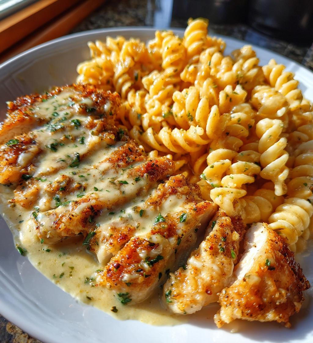 creamy garlic parmesan chicken with cheesy twisted pasta